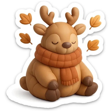 deer in a wooly scarf among falling leaves, cozy fall palette, cushion style sticker