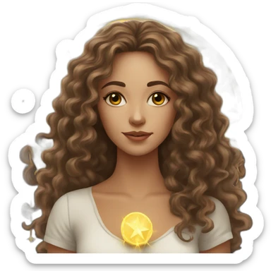 white young woman with long brown curls and a tarot card that have a golden star on it sticker