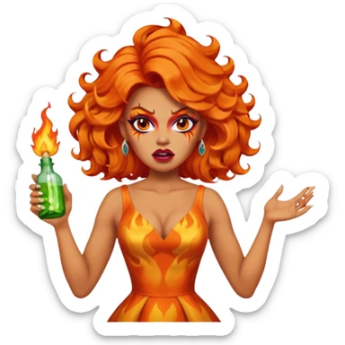 A fierce drag queen emoji with bright orange wavy hair styled with a bottle on top, dramatic makeup, expressive angry face, and an orange flame-themed dress. sticker