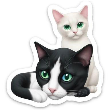 tuxedo cat with green eyes and pink nose laying down with siamese cat with blue eyes sticker