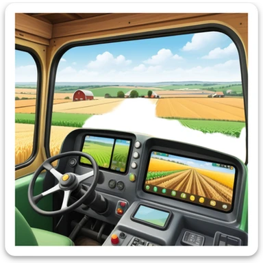 a view from the tractor cabin, with the dashboard in focus, overlooking a vibrant rural landscape. Inspired by Farming Simulator 22, the scene includes fields, crops, and distant barns under a bright sky. The design highlights the immersive experience of farm management. transparent background sticker