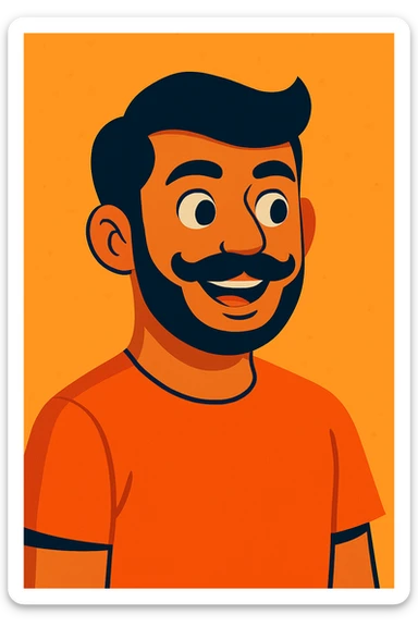 Add a shaped, slight stubble beard to the smiling, curious Indian young man with a moustache, keeping the modern vibrant toon style. sticker