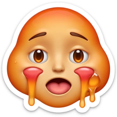 Apple-style emoji illustration of a melted, overheated face with sweat drops, half-closed exhausted eyes, tongue slightly out, warm orange and red tones, soft 3D emoji style, smooth gradients, rounded shapes, simple expression, centered composition, transparent background, no text. sticker