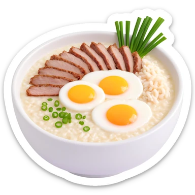 bowl of Asian rice porridge (congee) with steam, simple round bowl, topped with halved soft-boiled egg, minced pork, chopped green onions, cilantro, crispy fried garlic, smooth colorful clean minimal cute sticker