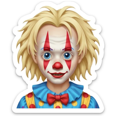 creepy clown boy with messy very long long blonde hair, blue eyes sticker