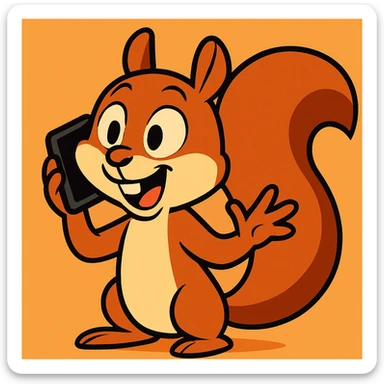 a cartoon squirrel with a smartphone, mid-conversation, cheerful expression, vibrant toon style, modern cartoon illustration sticker