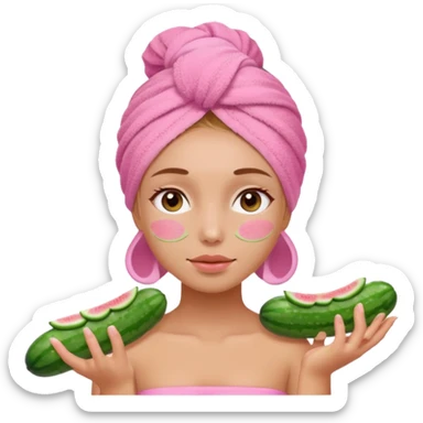 Girl with pink towel in hair cucumbers on eyes  spa sticker