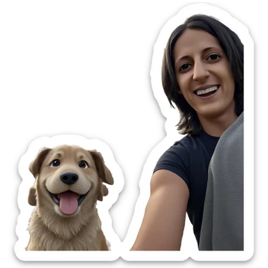 boy smiling with dog outdoors sticker