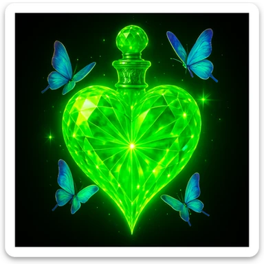 Transform the heart-shaped bottle into a vibrant neon green (salotine) color with lots of glowing and sparkling effects. Keep the crystal texture and butterflies intact, but make the overall look very flashy and full of effects, emphasizing brightness and sparkle in a vivid neon green style. sticker