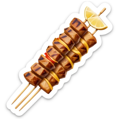 Cinematic Realistic Souvlaki Dish Emoji, showcasing skewered, grilled meat with Mediterranean spices rendered with dynamic textures and warm, appetizing lighting. sticker