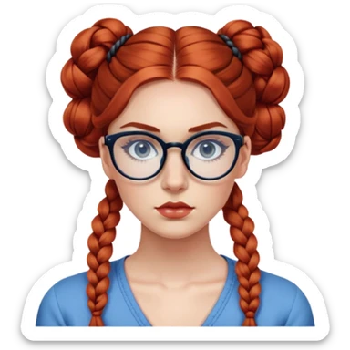 Nữ 25 tuổi, da trắng, tóc dài xoăn nhẹ màu đỏ, tết búi 2 bên, gọng kính màu đen, mắt kính màu xanh dương , trong suốt nhìn thấy mắt, mặt nghiêm túc, lông mi dài, trang điểm khá đậm sticker