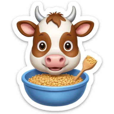 cute cow eating animal feed, hay and grains in a feeding bowl, 3D cartoon, mobile game icon style, clean background, no text, no watermark
 sticker