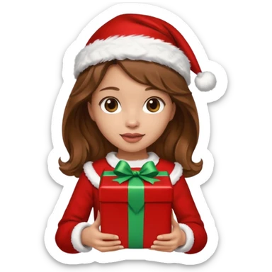 a girl with wavy brown hair wearing a christmas clothes and holding a gift sticker