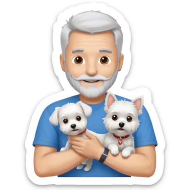 handsome gentleman, 60 years old, spiky crew cut silver hair, full beard, wearing a blue t-shirt, smiling and holding a maltese dog sticker