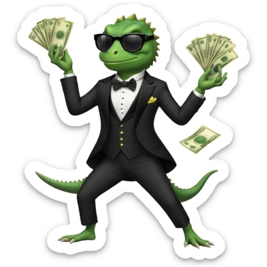 capitalist iguana banker in tuxedo and black sunglasses dancing crazy with money sticker