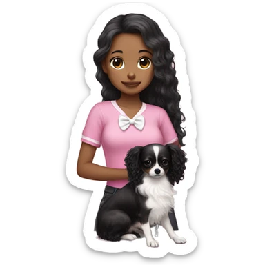 Girl with long black curly hair wearing a pink shirt holding a black and white long haired chihuahua wearing a white bow sticker