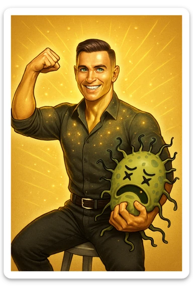 Un uomo atletico (30-40 anni) dalla pelle perfettamente liscia, senza cicatrici o imperfezioni, che emana un leggero bagliore dorato (metafora degli anticorpi).
Occhi brillanti con riflessi blu-verdi (simbolo di salute estrema).
Postura eroica, con un braccio sollevato in un gesto di forza, mentre con l'altro tiene un batterio gigante schiacciato come se fosse un mostro sconfitto. sticker