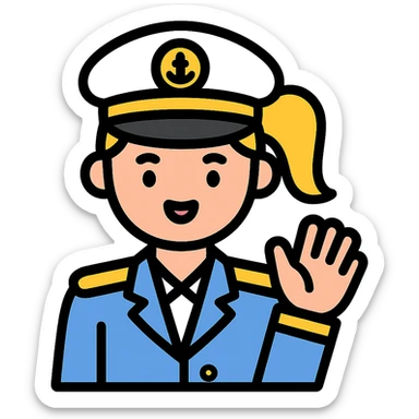 cruise captain girl with dirty blonde ponytail, waving at the camera sticker