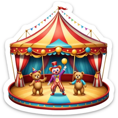 Icon for Circus Arts: a grand vibrant circus arena with acrobats, a clown, and performing bears. The icon should capture the excitement and energy of the circus, with colorful costumes and a lively atmosphere. Transparent background. sticker