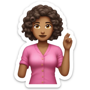 	Light-skinned, wavy-to-curly dark brown hair, pink outfit, serious face, hand raised in “stop” gesture, bow in hair. sticker