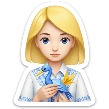 A Ukrainian young girl wearing a white embroidered shirt holds an origami yellow-blue crane sticker