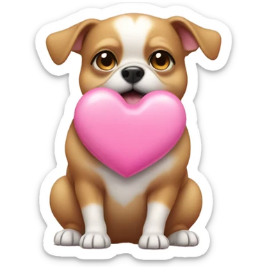 A fat chiwawa holding a pink heart sticker