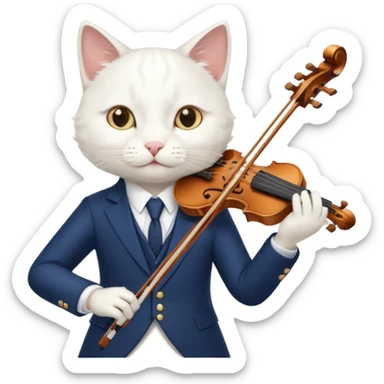 white cat play violin, wear navy suit sticker