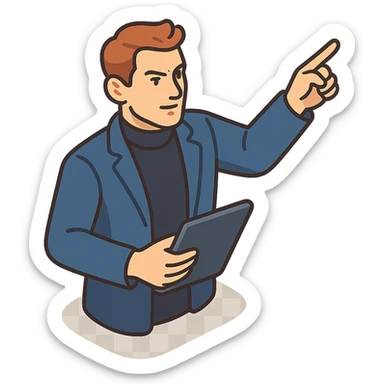 Bold and charismatic male leader, Caucasian, short auburn hair, sharp eyes, wearing indigo coat over black turtleneck, one arm raised giving direction, holding a tablet, waist-up sticker