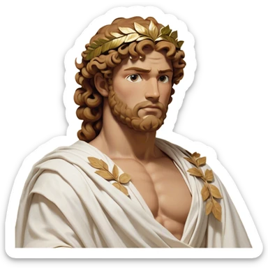 Cinematic Realistic Hercules Portrait, depicted as a classical Greek hero merging the fierce masculinity of Hercules with the refined face of Michelangelo's David. His light tan, chiseled skin glows with timeless strength, and his thick, curly, golden brown hair cascades in natural, sculpted curls reminiscent of a warrior’s mane. Draped in a flowing white robe with delicate golden accents and crowned with a traditional Greek laurel wreath, his intense, determined eyes exude noble might, all rendered under dynamic natural lighting with a mythic, radiant glow. sticker