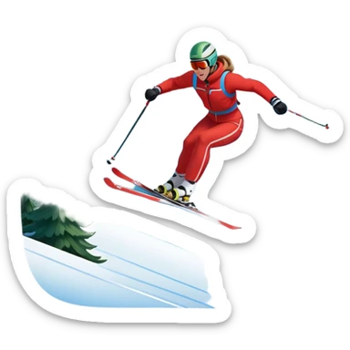 An icon featuring snowy peaks, pine trees, and a picturesque mountain landscape with a skier racing down a snow-covered slope, The sky is blue with soft clouds, capturing the thrill and beauty of alpine skiing. Transparent background highlights the excitement and serenity of winter sports. sticker