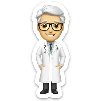White pharmacist with gray hair in lab coat in gym with alters sticker