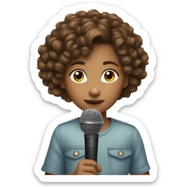 10 year old girl, brown curly hair, microphone,  sticker