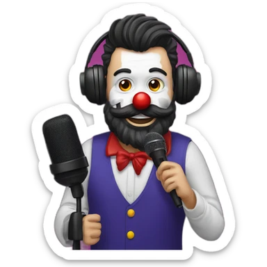 radio presenter with black beard and with a microphone on his hand dressed as a silly clown sticker