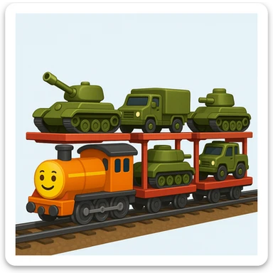 Create a realistic ordinary cargo train transporting military equipment such as tanks and trucks in a classic emoji style. This is variant 4 of the design. sticker