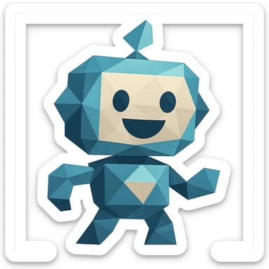 polygonal low-poly AI agent with a comical face, geometric shapes sticker