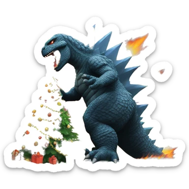 Godzilla destroying a Christmas tree with fire breath sticker