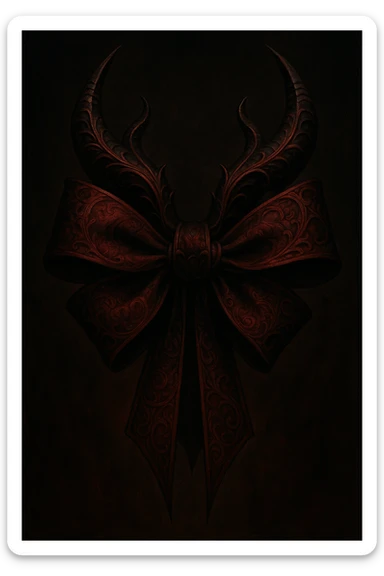 devil bow, gothic style, dark red and black, ornate horns, dramatic shadows, elegant and sinister sticker