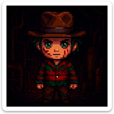 Add a spooky, nightmarish background with a boiler room and dark shadows behind Freddy Krueger, keep pixel art style sticker