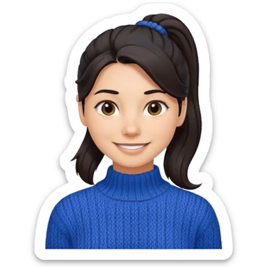 cewe tersenyum lembut rambut hitam  kuncir satu kayak cute gitu tapi gausah adakepangnya  dan sudah agak dewasa gitu bajunya yang cute sweater biru sticker