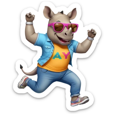 friendly anthropomorphised rhino in jeans and colourful t-shirt, wearing dark sunglasses, jogging upright, jumping with excitement, dynamic pose sticker