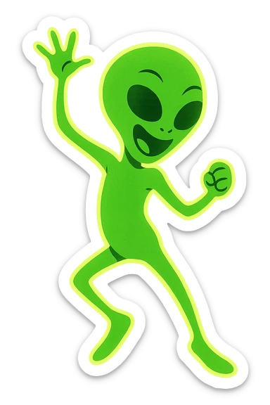 Edit the image of a dancing alien in neon green with an animated style and glowing outline. Create a new pose. The image should be PNG with a transparent background, emphasizing the glowing contour and animation style. sticker
