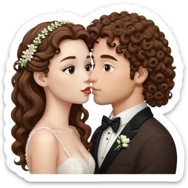 Couple kissing, the man would be white-skinned, curly-haired, brown. The serious woman with white skin, long hair and brown color  sticker
