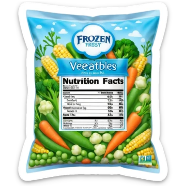 A colorful plastic bag of frozen mixed vegetables (peas, carrots, corn, and broccoli) with a bright label showing freshness and nutrition info. The bag surface has light frost and condensation. Placed in a freezer display section with other frozen food packs around it, real-life grocery store look. sticker