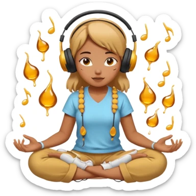 This girl(🧘🏻‍♀️) is sitting cross-legged in a meditation pose, wearing headphones(🎧) and listening to music. The song is so good that honey is dripping from her ears, and her expression is completely dazed because she’s enjoying the music so much. sticker