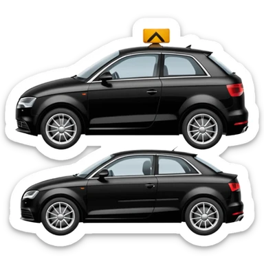 create an ios emoji of a black car, car shape must be similar to a model audi a3, being towed by a tow car. profile horizontal view on transparent background sticker