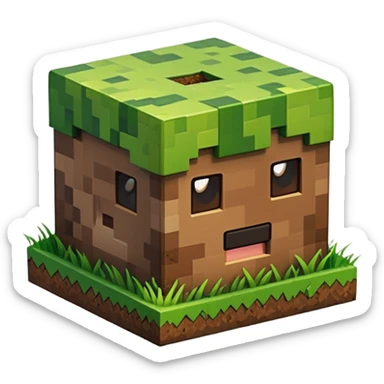 A 3D Apple-style emoji of a Minecraft grass block, cubic shape, with bright green grass on top and brown soil with pixel texture on the sides, simple and cute cartoon design. sticker
