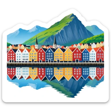 Bergen, Norway city skyline with view of water, colorful buildings, mountains in background, scenic waterfront, vibrant and inviting sticker