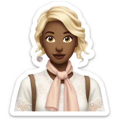 pretty blonde woman with vanilla girl vibes, wearing a white lace shirt with a soft pastel borwn neck scarf and her hair is decorated with soft pastel sweet vibes ribbon sticker