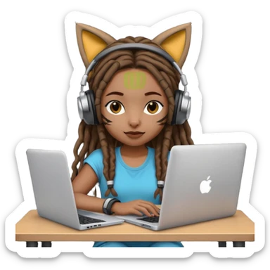 black girl with dreads who works remotely through a laptop with cat ear headphones sticker