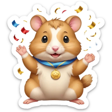 Cute cartoon-style hamster throwing confetti, holding a tiny medal, joyful expression. Painterly shading, white background, sticker-style illustration sticker